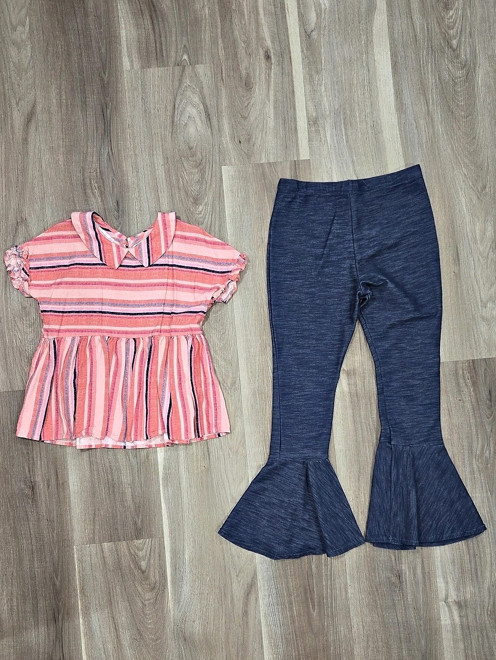 •Bonnie Jean• Little Girls Striped Peplum Top and Flared Pants Set Pink & Blue